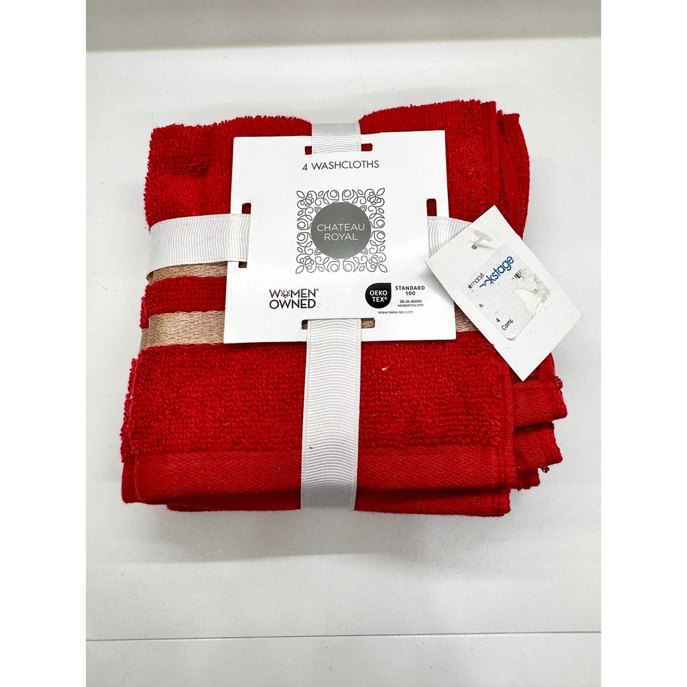 Chateau Royal Red Washcloths‎ Set of 4 Gold Metallic Stripe Cotton New